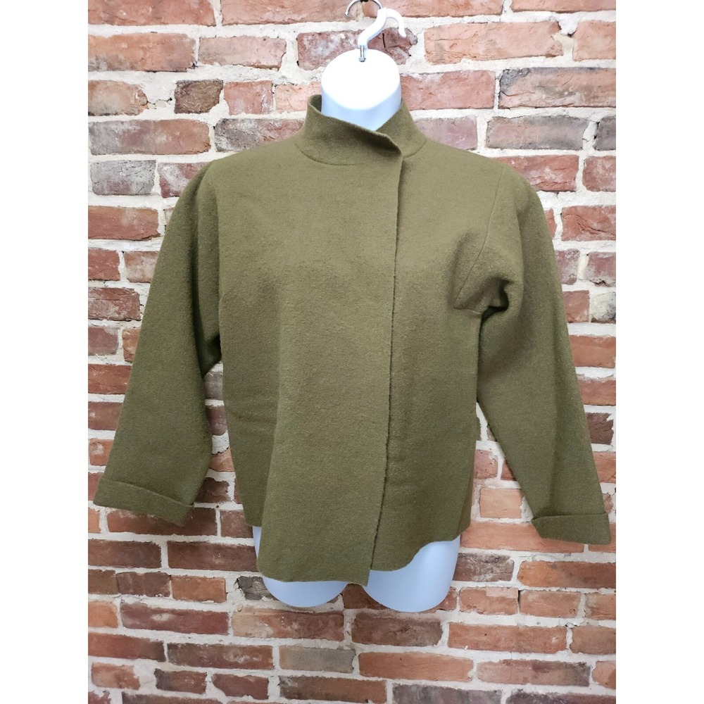 Eileen Fisher Jacket Women M Green Wool Long Sleeve Asymmetrical One Snap Button